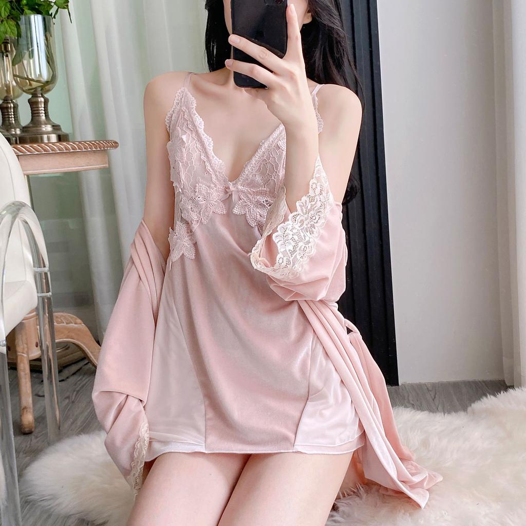 Female Sexy Winter Golden Velvet Pajamas Spring and Autumn Warm Suspender Nightgown Nightgown Two-piece Set Loungewear with Chest Pad