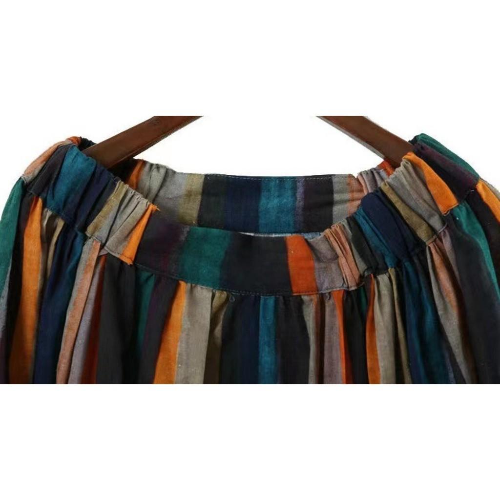 Qooth Women A Line Cotton Pleated Skirt Linen Stripes Wide Hem Mid Length Elastic Waist Skirt QT2651