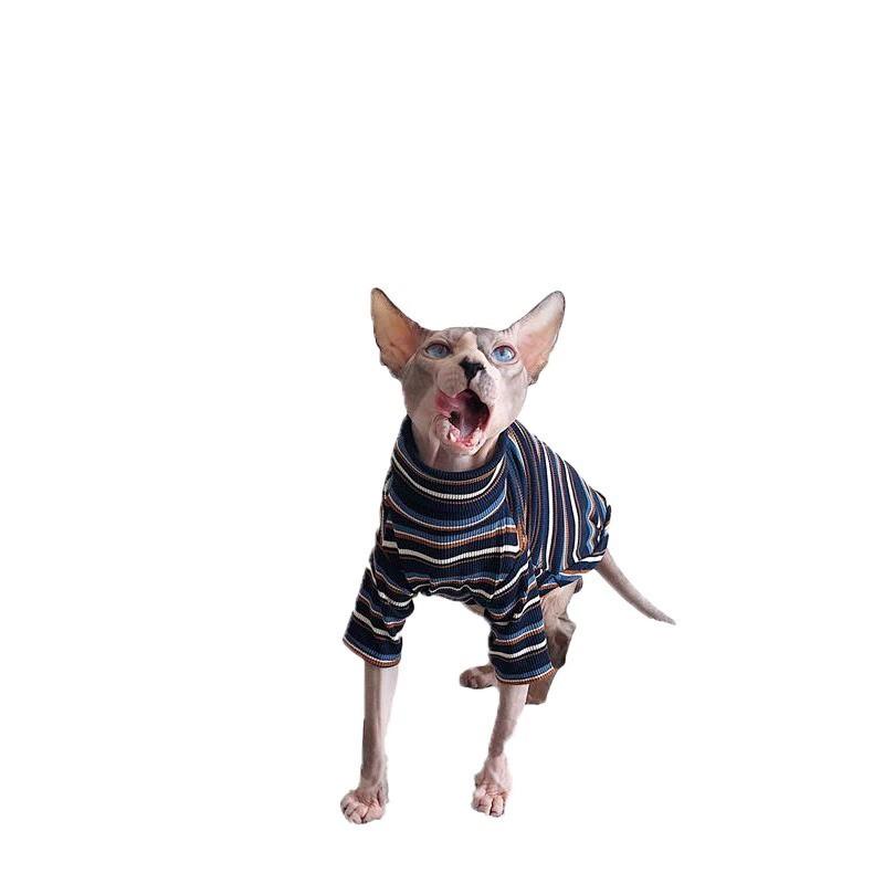 Sphynx Cat Clothing High Neck Striped Short Sleeve T-Shirt Hairless Cats Comfortable Indoor Cooling Wear
