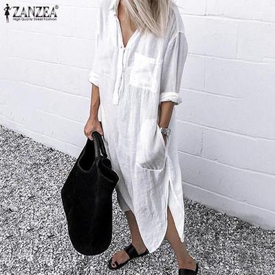 Bohemia Women Buttons V Neck 3/4 Sleeve Summer Casual Beach Midi Dress
