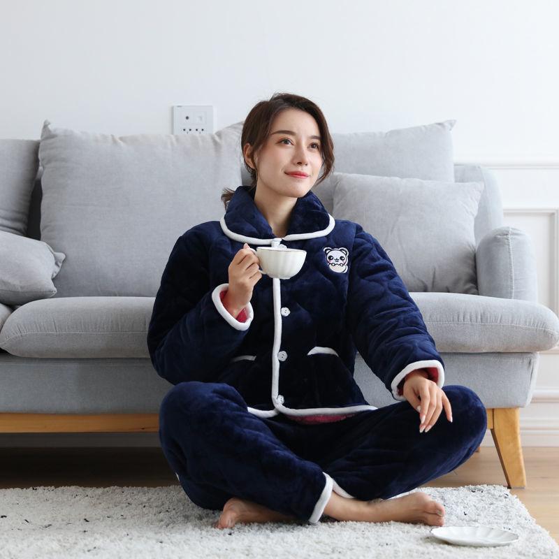 Pajamas women's three-layer thickened and cute winter can wear large-size warm padded loungewear