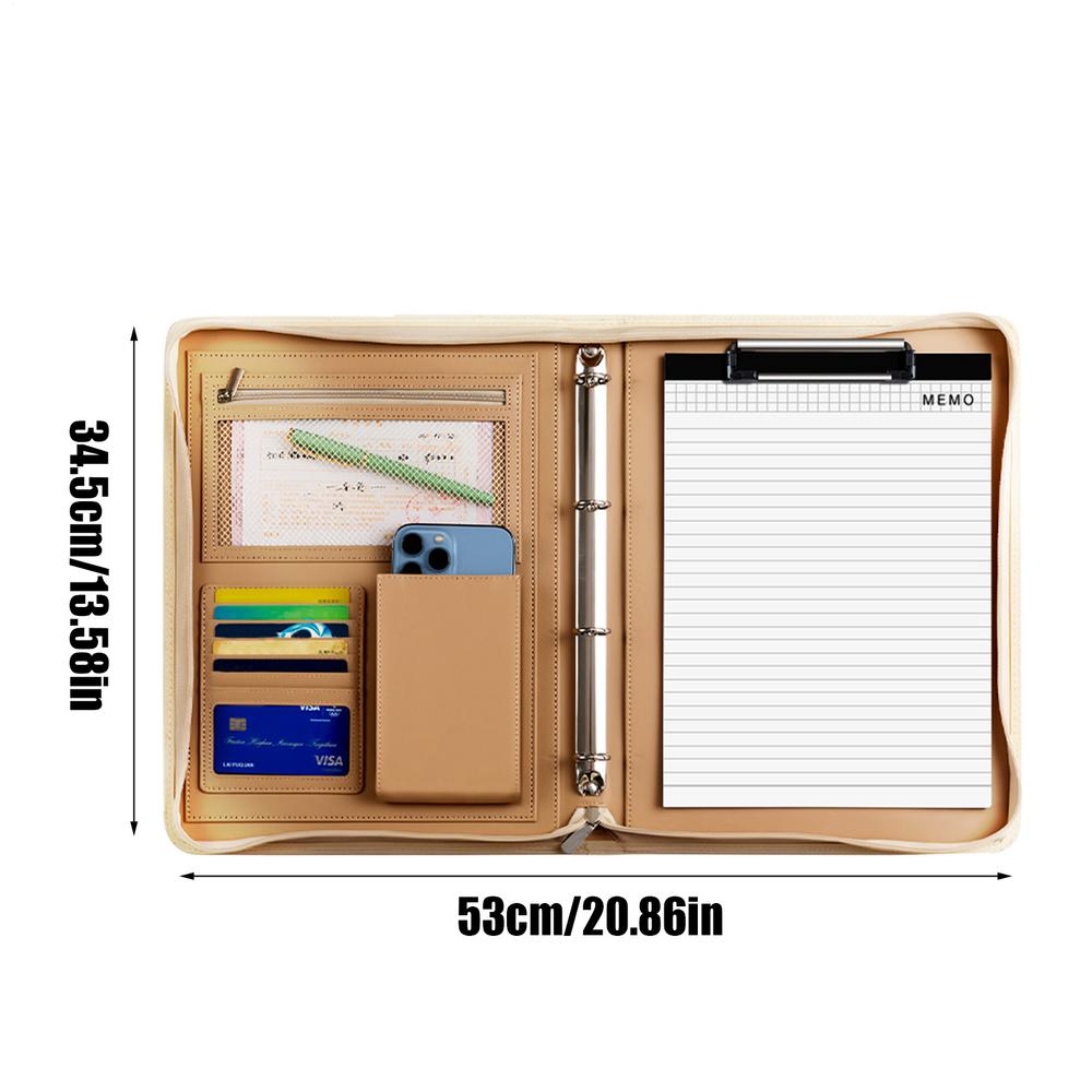 Multifunctional Leather Folder Large capacity zipper file bag clutch PU briefcase with A4 notepad and binder Travel storage bag
