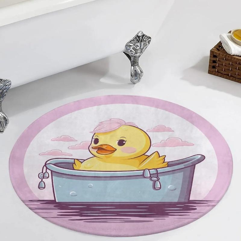 Cartoon Yellow Duck Round Rug Washable Area Rugs Indoor Circle Door Mat Soft Non-Slip Carpet for Living Room Bedroom Dining