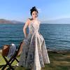 French Blue Oil Painting Floral Suspender Dress Female Summer Fairy Texture High-end Long Dress Beach Dress