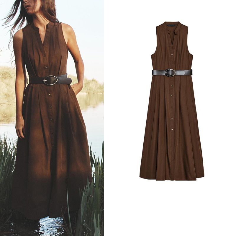 Spring and Summer New Women's Clothing Single-Breasted Pleated Decoration with Belt V Neck Sleeveless Midi Skirt Dress 5029101