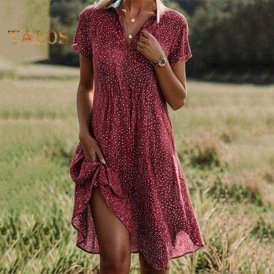 Summer Dress Dot Printing Short Sleeves Loose A-line Shirt Dress V Neck Knee Length Midi Dress for Dating Travel Vacation