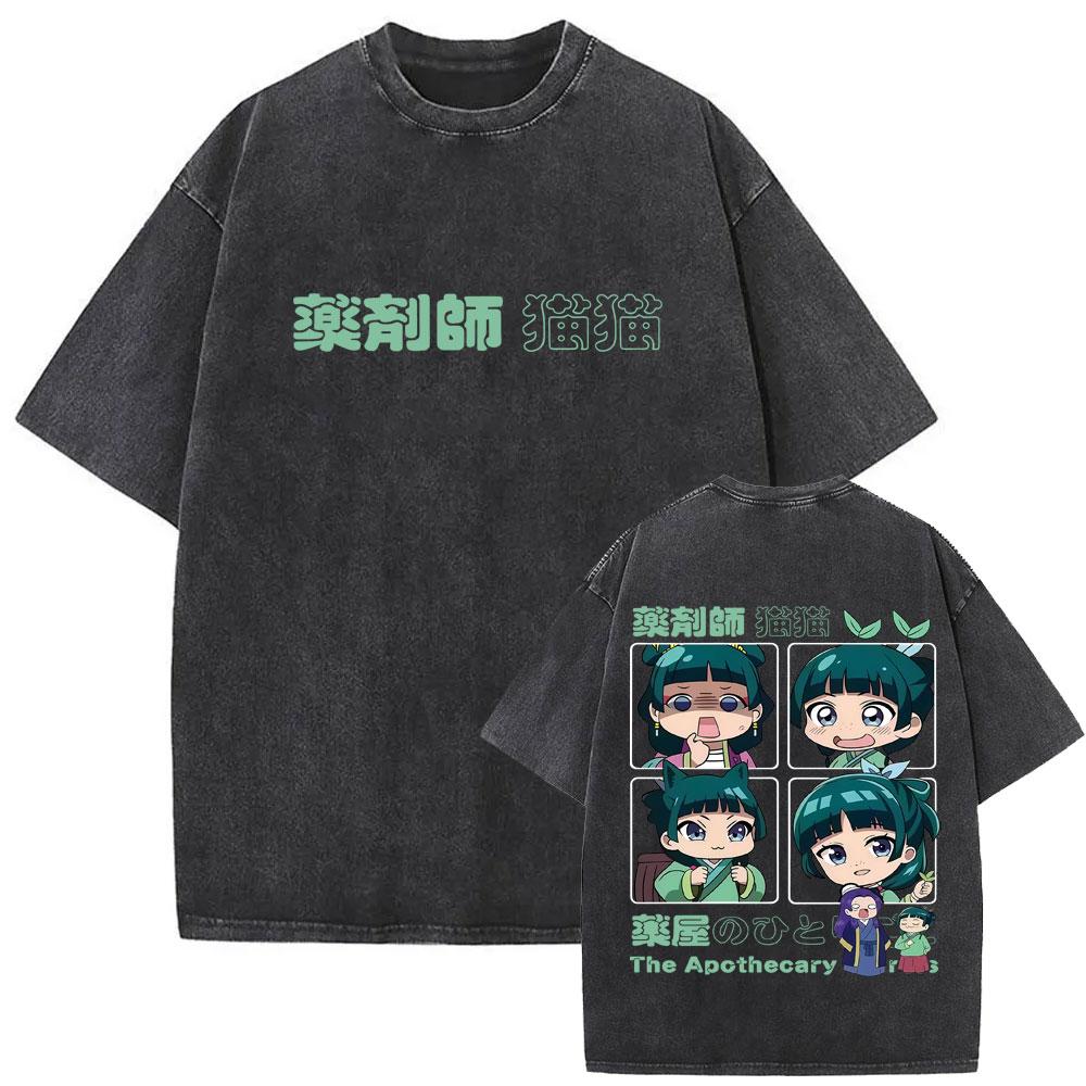 Gewaschenes Vintage Japanischer Anime The Apothecary Diaries Maomao Doppelseitiger Druck T-Shirt Herren Damen Freizeit Kawaii Lustige T-Shirts