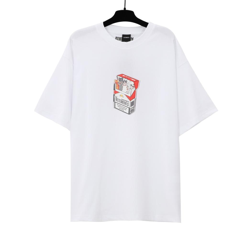 T-shirt in cotone puro a doppia filatura, lavata e invecchiata, con stampa di lettere Vetements, versione alta transfrontaliera, per uomo e donna