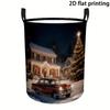 1pc Laundry Basket, Winter Night Snow Christmas Tree Car Pattern, Foldable Storage Basket with Handle, Polyester Material, Very Suitable for Tidying U