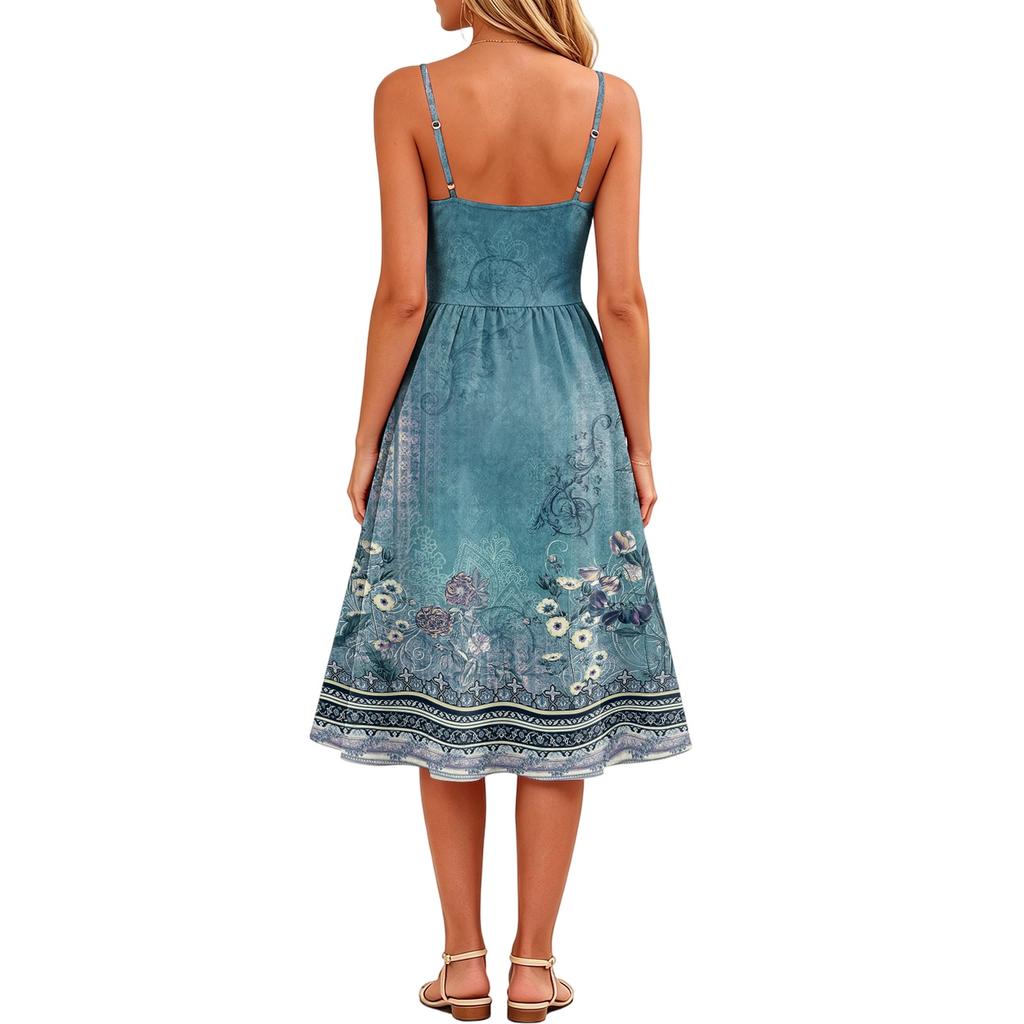 Women Sleeveless Adjustable Strap Dress Casual Floral Print Midi Dress with Pockets Summer Fashion Sundress