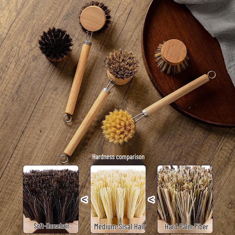 Eco-Friendly Natural Sisal Pot Brush with Soft Coconut & Horsehair Bristles - Replaceable Head for Non-Stick Pans
