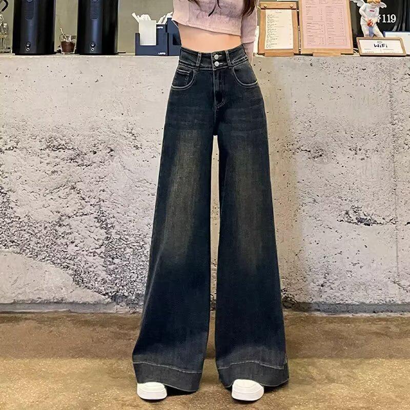

Женские джинсы с высокой эластичной талией и широкими штанинами, весна 2025, ностальгический синий 2XL синий