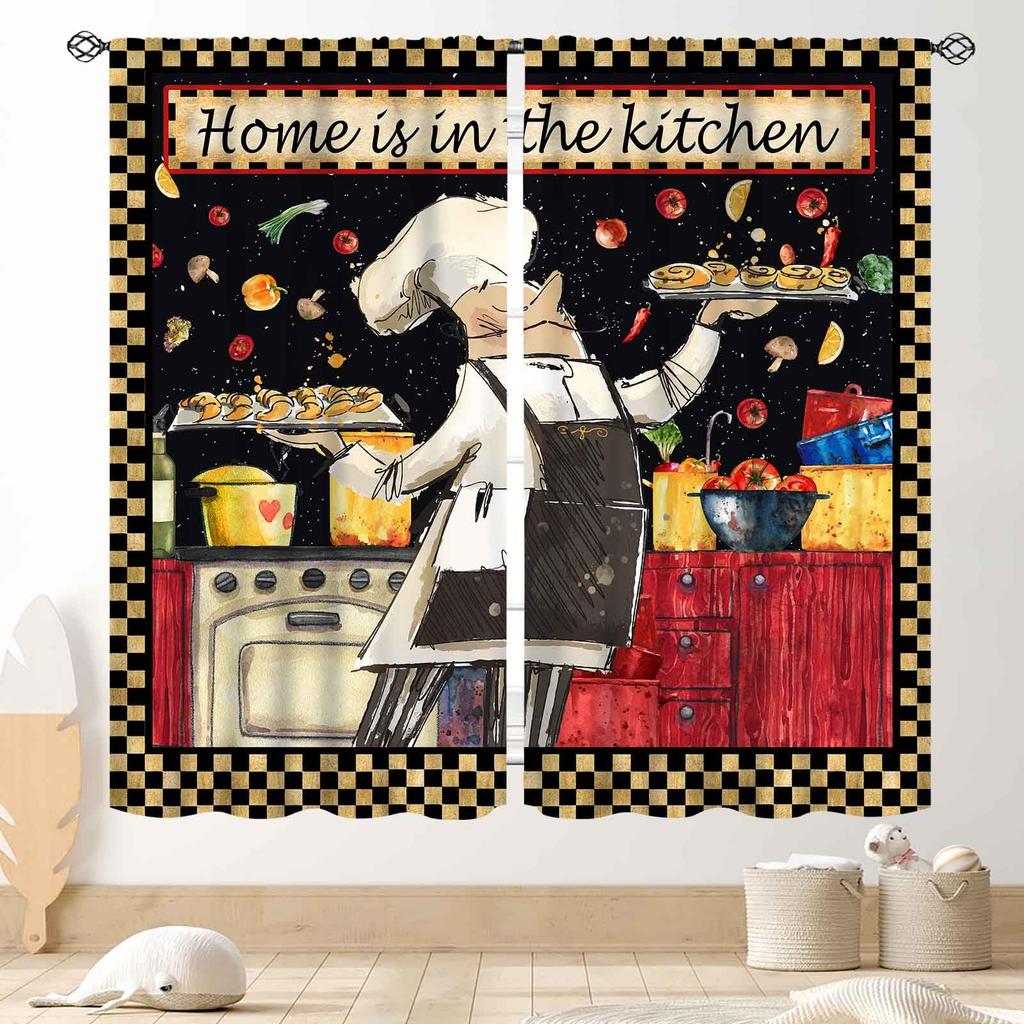 Retro Tableware Kitchen Text Curtain Panels,Distressed Wood Fork Spoon Sweet Home Slogan Full Print Drapes For Bakery Cafe Decor