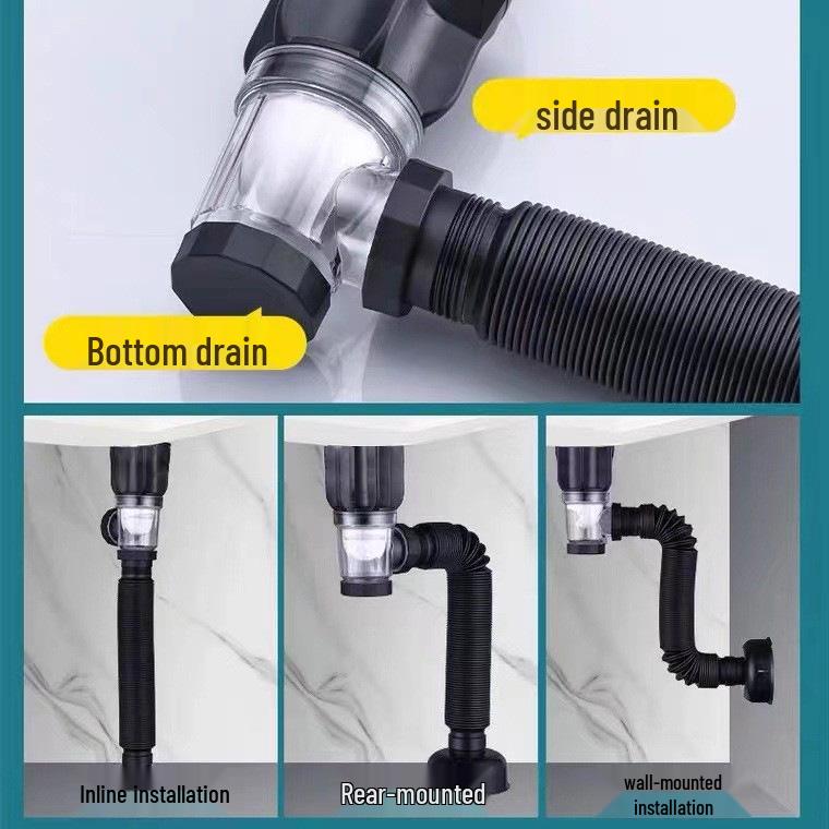 Wall-Mounted Anti-Odor Bathroom Sink Drain Set - Stainless Steel Basin Pipe and Horizontal Drainer.