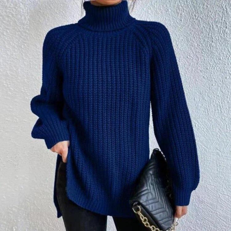 Soft Warm Knitwear Turtleneck Split Sweater Solid Mid Length Pullover Long Sleeve Raglan Casual Fashion Autumn Winter