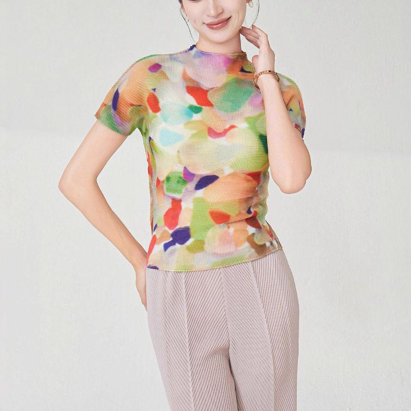 

Miyake Style Pleated Print Slim Fit Short-Sleeve Women s Summer T-Shirt One Size