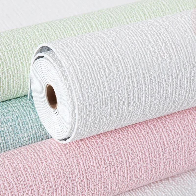 PVC linen 3D foam solid color thickened waterproof and moisture-proof self-adhesive wallpaper kitchen bedroom background wall