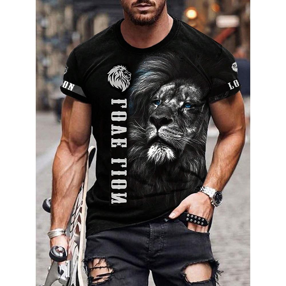 Nowy Letni Outdoorowy Casualowy Męski T-shirt Codzienny Uliczny Męski Top z Krótkim Rękawem Nadruk Lwa Męski T-shirt Sportowy Modny T-shirt