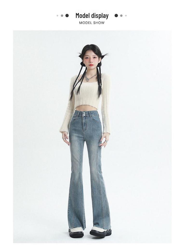 Women's High Waist Vintage Micro-Flare Jeans - Elastic, Raw Hem, Double Button, Retro Bell Bottom.