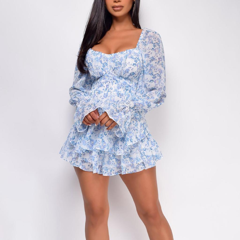 Women's Floral Print Square Neck Long Sleeve Jumpsuit with Zipper, Self-Tie Belt and Ruffle Hem
