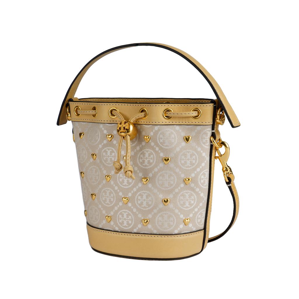 Tory Burch T Monogram Metal Heart Stud Drawstring Bucket Bag Women Handbags Ivory 161505-104