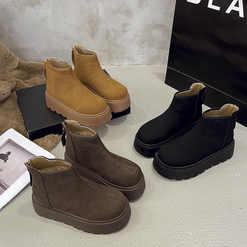 Women's Slope Heel Cotton Boots Winter New Round Head Suede Back Zipper Thick Sole Non-slip Short Snow Boots