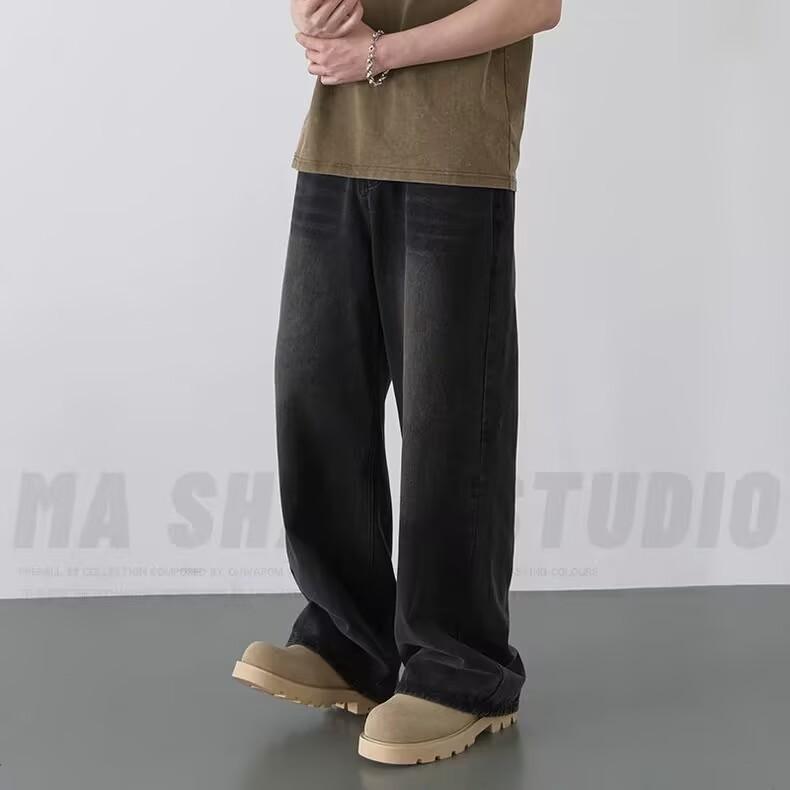 Men's Denim Pants Spring Autumn Old Blue Washed Casual Jeans Men Loose Contrasting Color Wide Leg Trousers