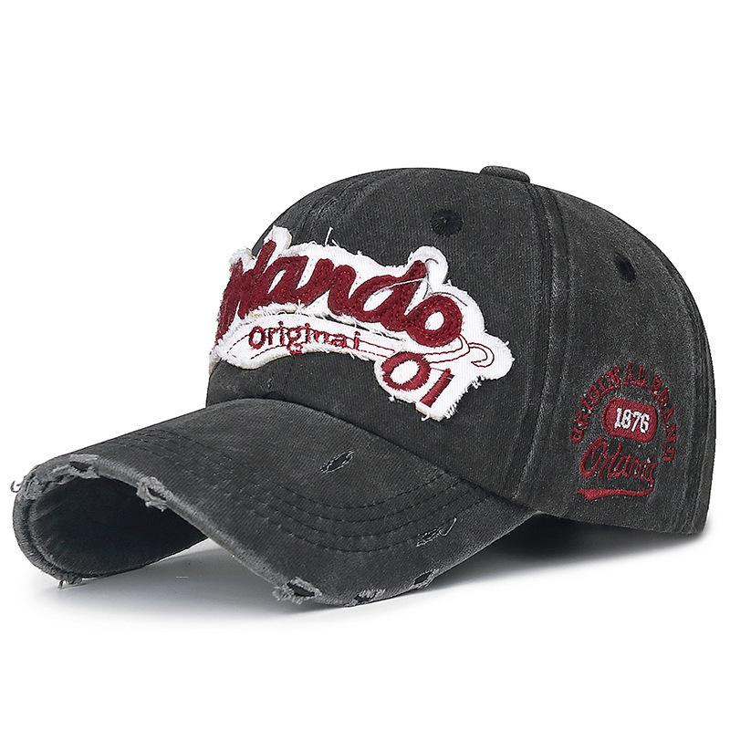 Fashionable Distressed English Embroidered Baseball Hat with Perforated Patch and Curved Brim