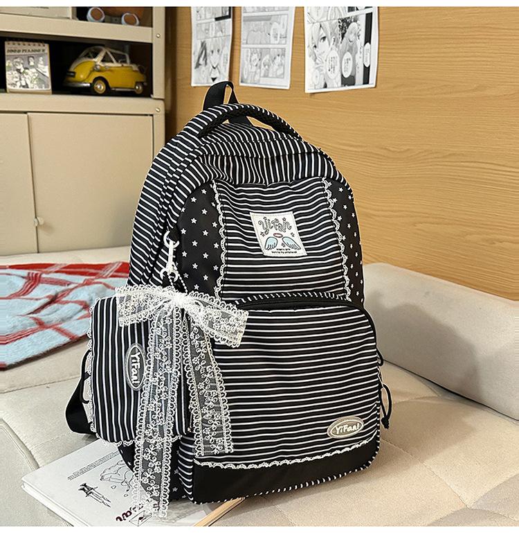 Mochila estilo universitario japonés para chica, mochila a rayas frescas con encaje, mochila escolar para estudiante, gran capacidad, mochila casual para estudiante de secundaria