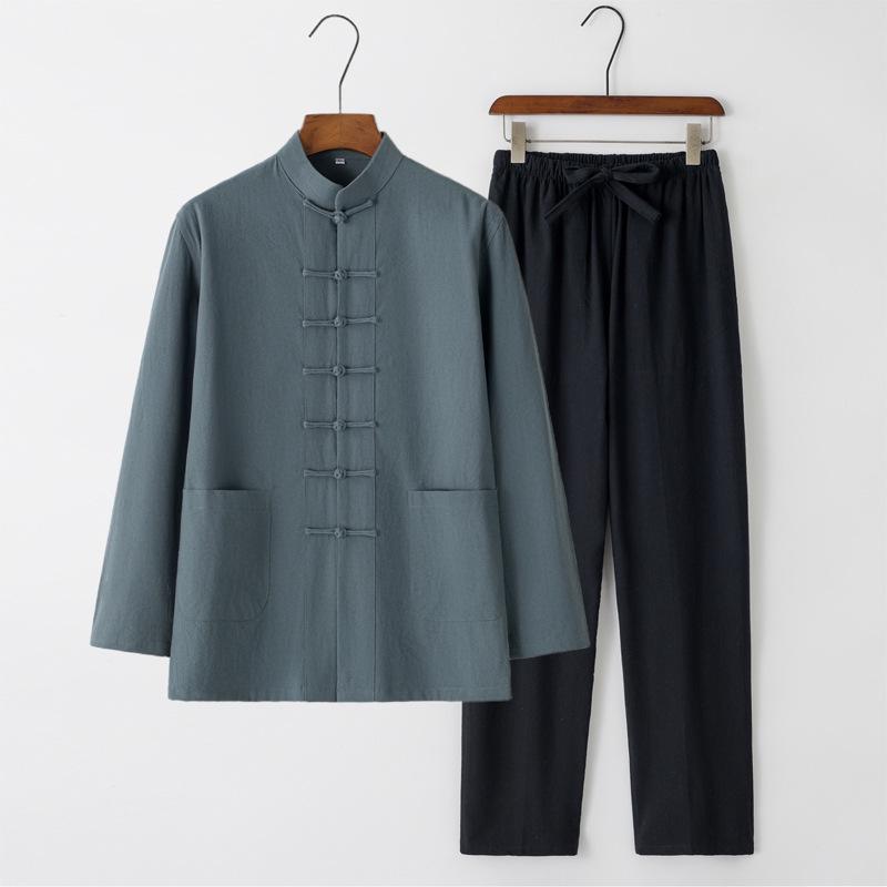 Men's Chinese Style Long-Sleeve Tang Suit Set with Frog Buttons - Retro Tea & Tai Chi Two-Piece