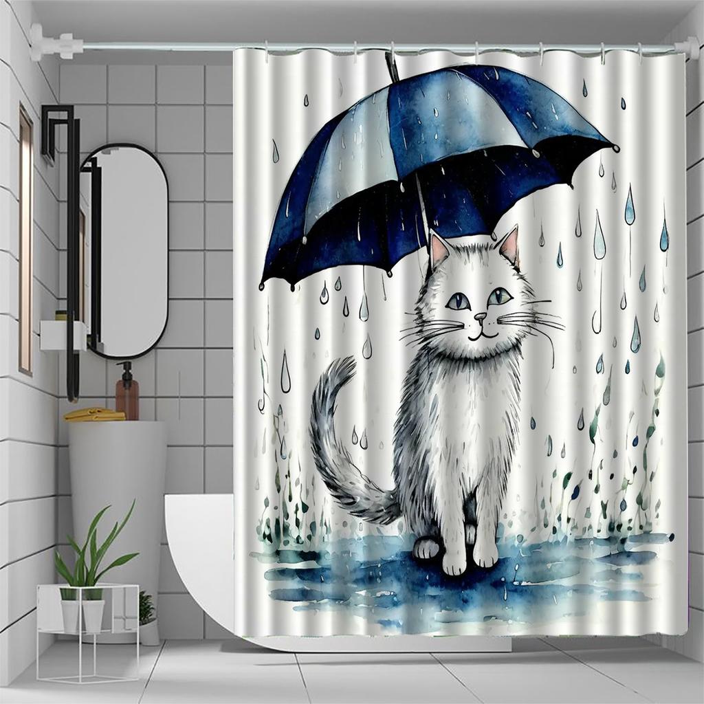WhimsyCat Water-Resistant Shower Curtain, Umbrella Design, All-Season Use, Hooks Included, Woven Knit Fabric, Multi-Functional