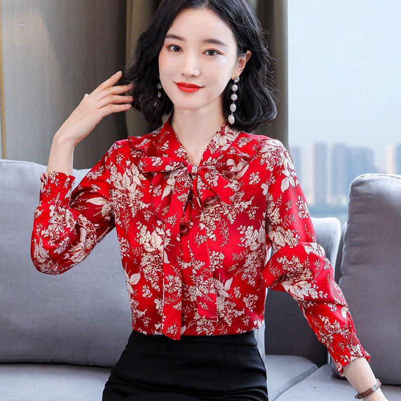 Floral Print Long Sleeved Chiffon Shirt for Women Spring Summer Mother's Top Scarf Collar Bow Bottoming Blouse M-4XL