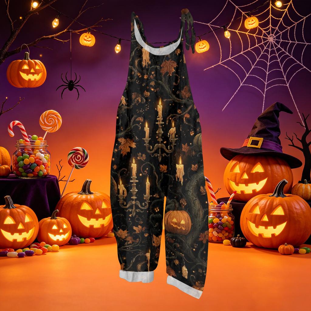 Women's Loose Fit Vintage Overalls Casual Jumpsuit Sleeveless Cotton Linen Blend Halloween Print Adjustable Strap