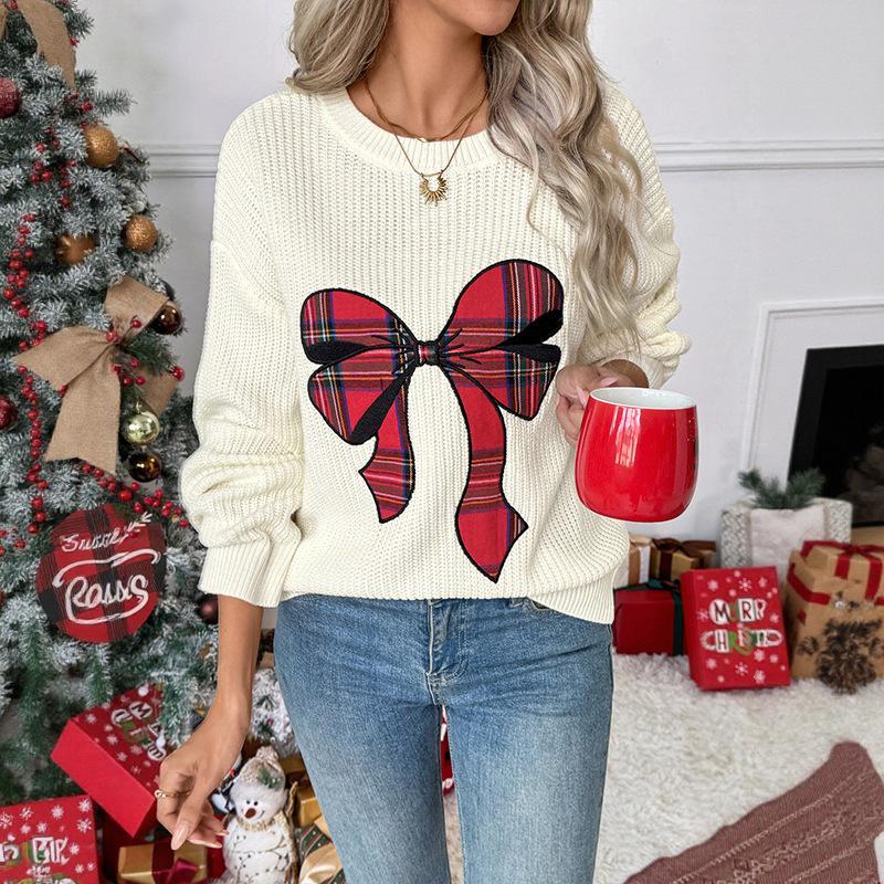 Women's Plaid Patchwork Bowknot Knitwear Pullover Sweater