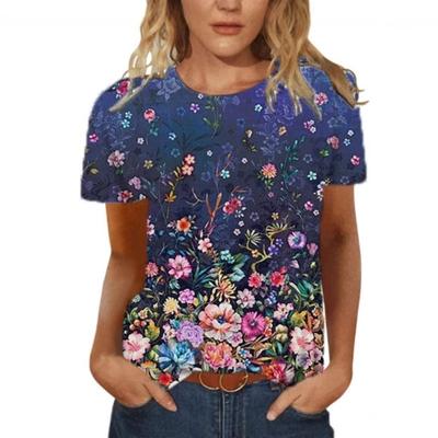 Damen Sommer Neu Kurzarm 3D Blumendruck Rundhals Lockeres Oberteil T-Shirt