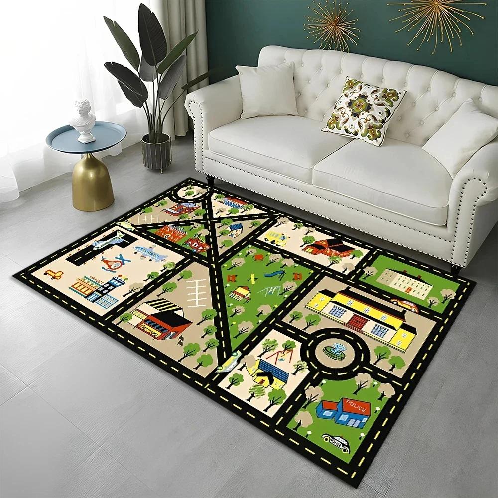 Highway City Kinderspielmatte Verkehr Spielzimmer Teppich Teppich für Zuhause Wohnzimmer Schlafzimmer Fußmatte Dekor, Bereichsteppiche Rutschfeste Bodenmatte