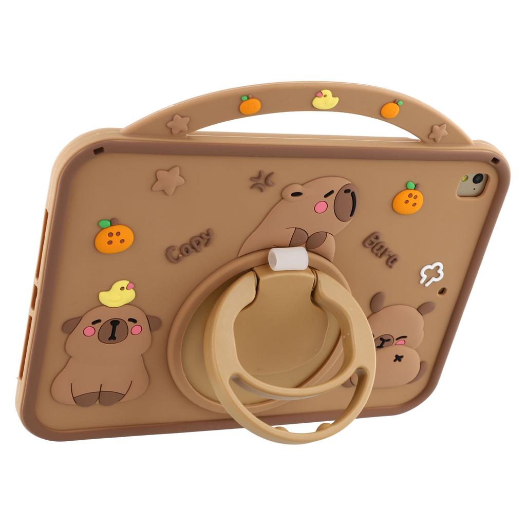 For iPad 9.7-inch (2018)/(2017) Silicone Case with Handle 360 Degree Rotating Kickstand Protective Cover Capybara Pattern