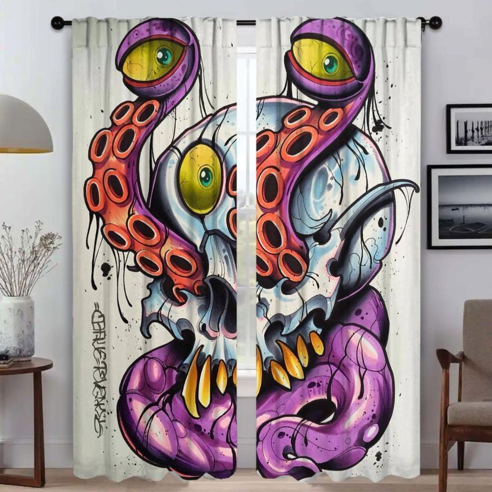 Window Curtain for Room 2 Panel New School Tattoo Kitchen Curtains Blinds Partition Tulle for Bedroom Home Interior Curtains