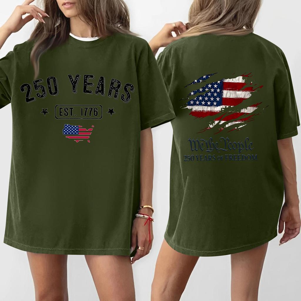 Women's Casual Independence Day 250 Anniversary Printed T-shirt Round Neck Pullover Short Sleeve Top
