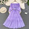 Women Vintage Off Shoulder Dress Chiffon Summer Sweet Lotus Leaf Edge Elegant Pleated Dresses Ladies Evening Party Long Dress