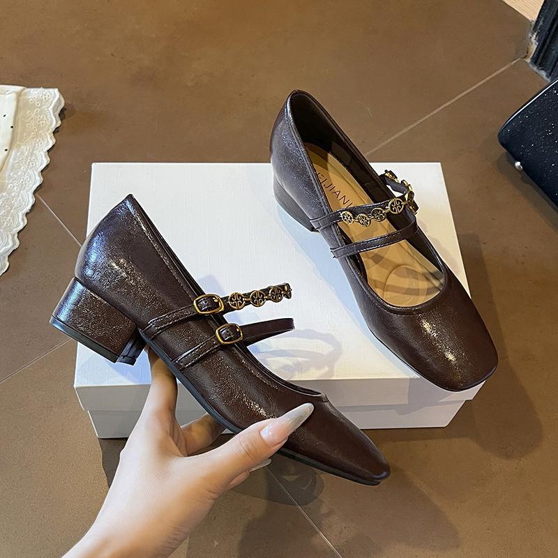 Retro texture double one-word belt~ soft-sided Mary Jane shoes women's thick heel square head single shoes versatile autumn