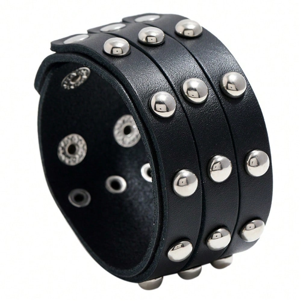 Europees en Amerikaans Nieuw Punk Stijl Trendy Armband met Drie Rijen Studs Heren Brede Leren Armband Sieraden 1PCS zwart