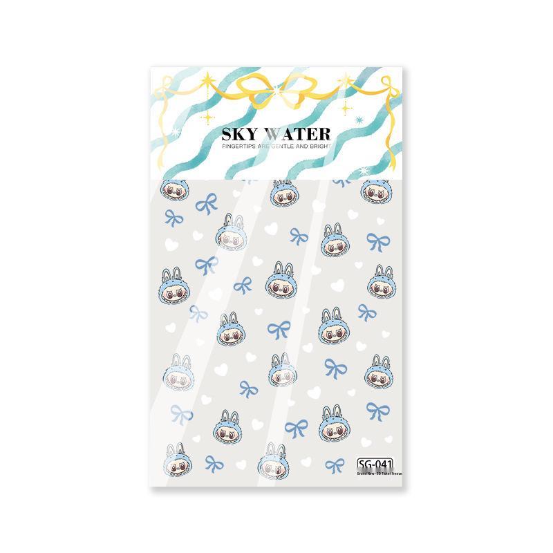 Небесно-голубые наклейки для ногтей: 6D Labubu Желейный Бант и Дизайн с Белым Сердцем