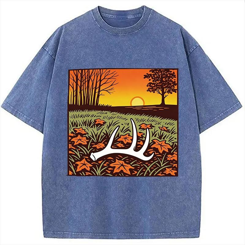 Vintage Hunting Season Washed T-Shirt with Antler Fall Sunset Graphic Summer Cotton Short Sleeve Harajuku Tunics