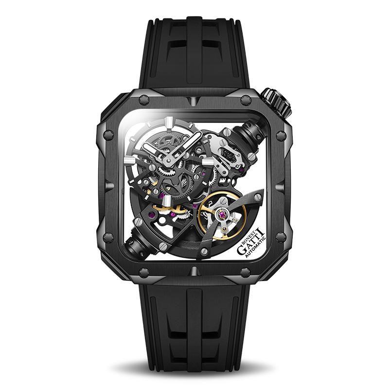 BONEST GATTI Original Skeleton Design Square Mechanical Watch Sapphire Crystal Luminous Rubber Strap Men's High-End Watches