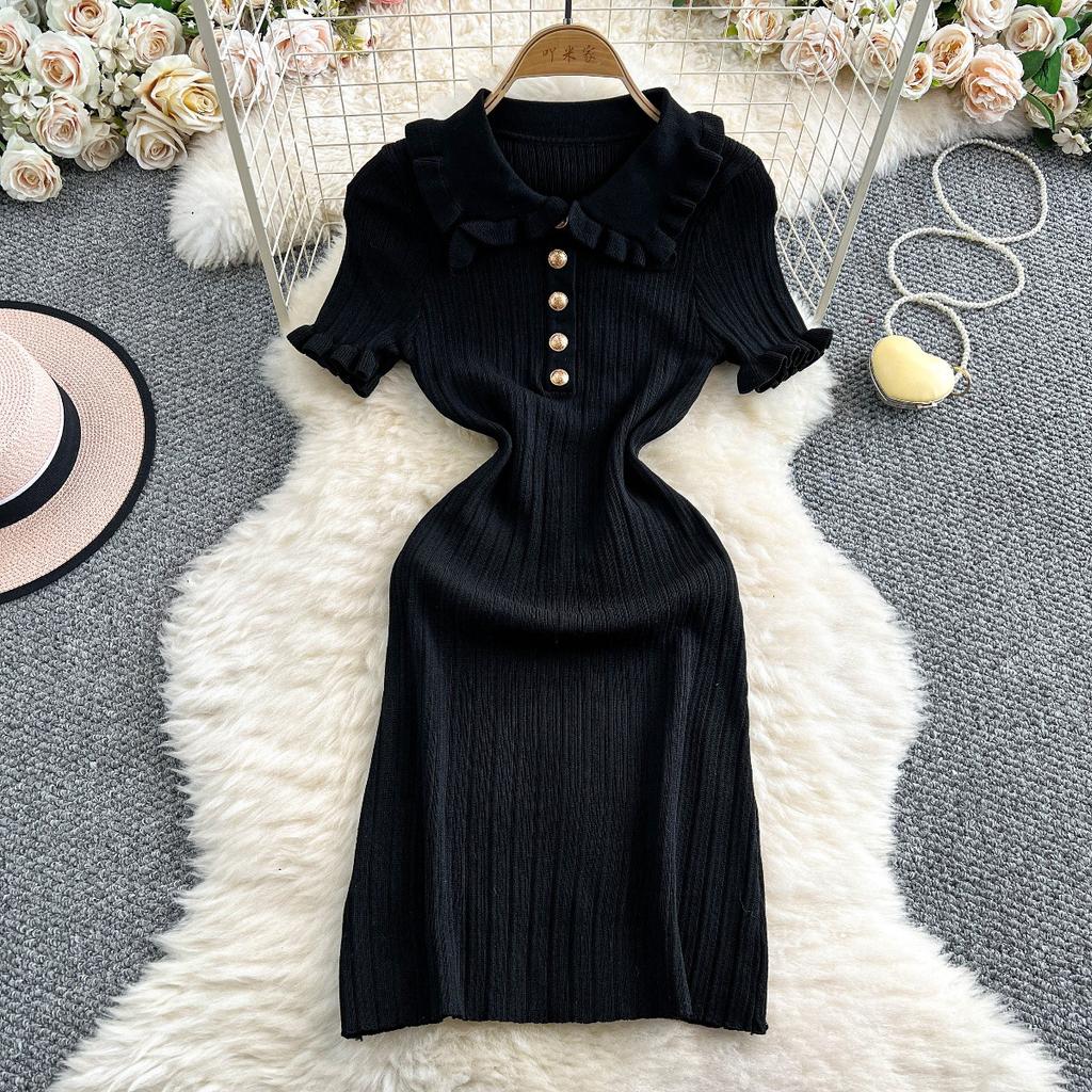 New French small fragrant lotus leaf edge lapel short-sleeved knitted dress women's slim and thin hip skirt