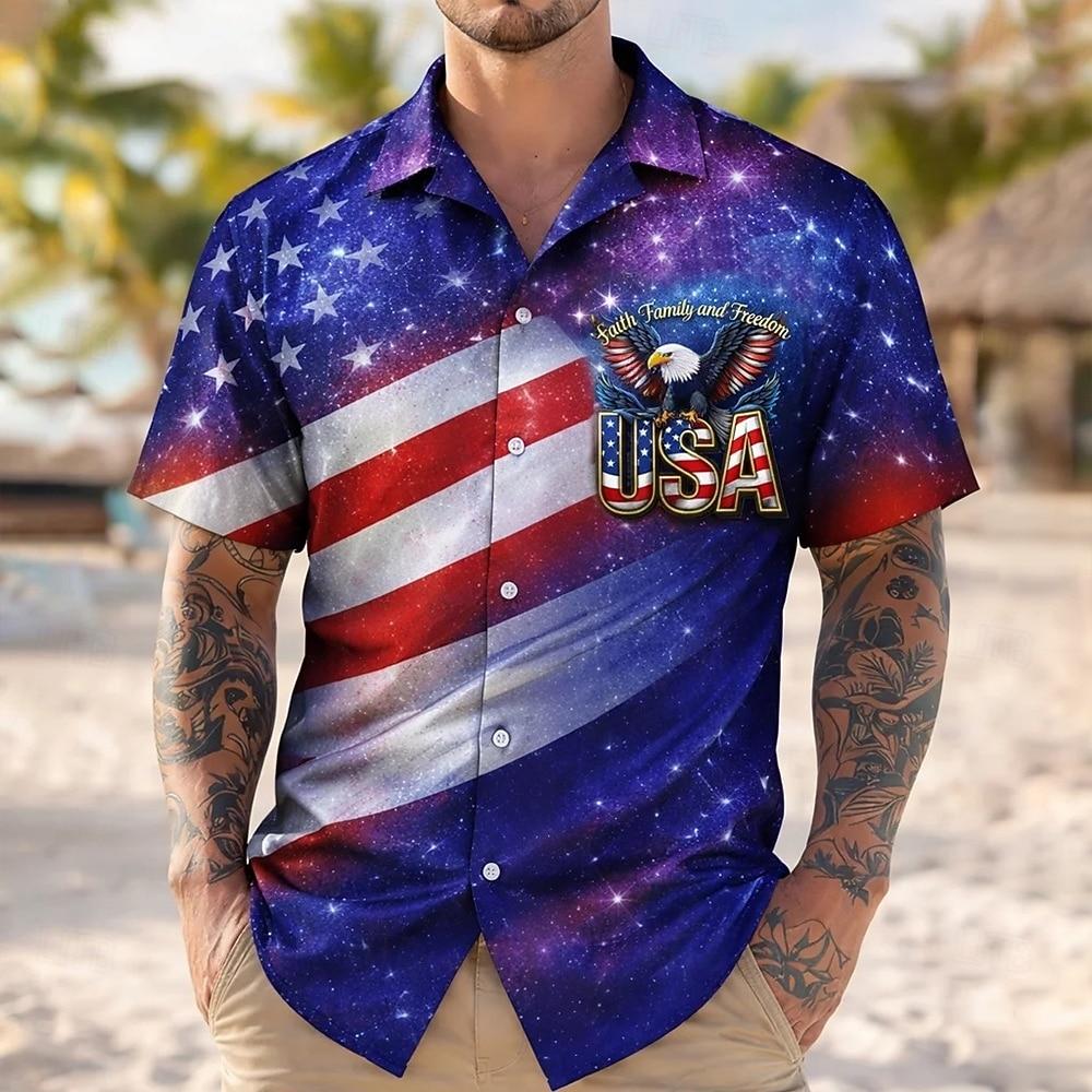 Men's 4th of July U.S. 250th Anniversary Cross US Flag Shirt Cuban Collar Shirt Button Up Shirt Short Sleeve