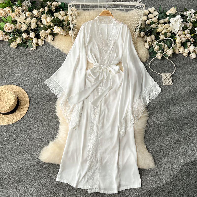 

Lady like Woman High-End Temperament Mid Length Long Length Home Pajamas Nightgown for Women Loose Lace-up Waist-Controlled Lace Patchwork Inverness White L