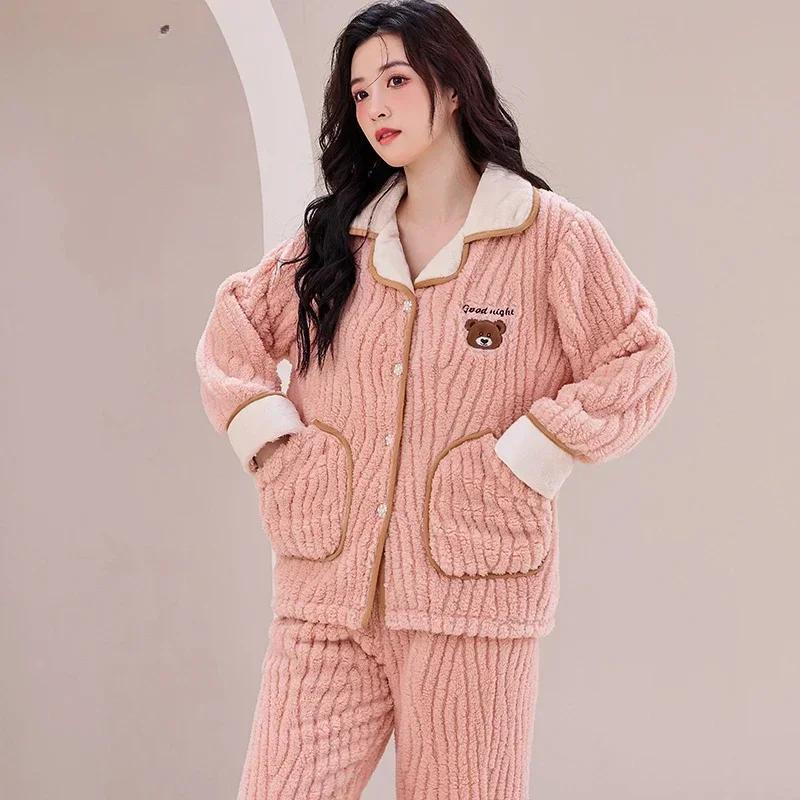 Winter Long Sleeve Thick Warm Flannel Pajama Sets for Women Coral Velvet Cardigan Sleepwear Suit Pyjamas Homewear Luxury Clothes