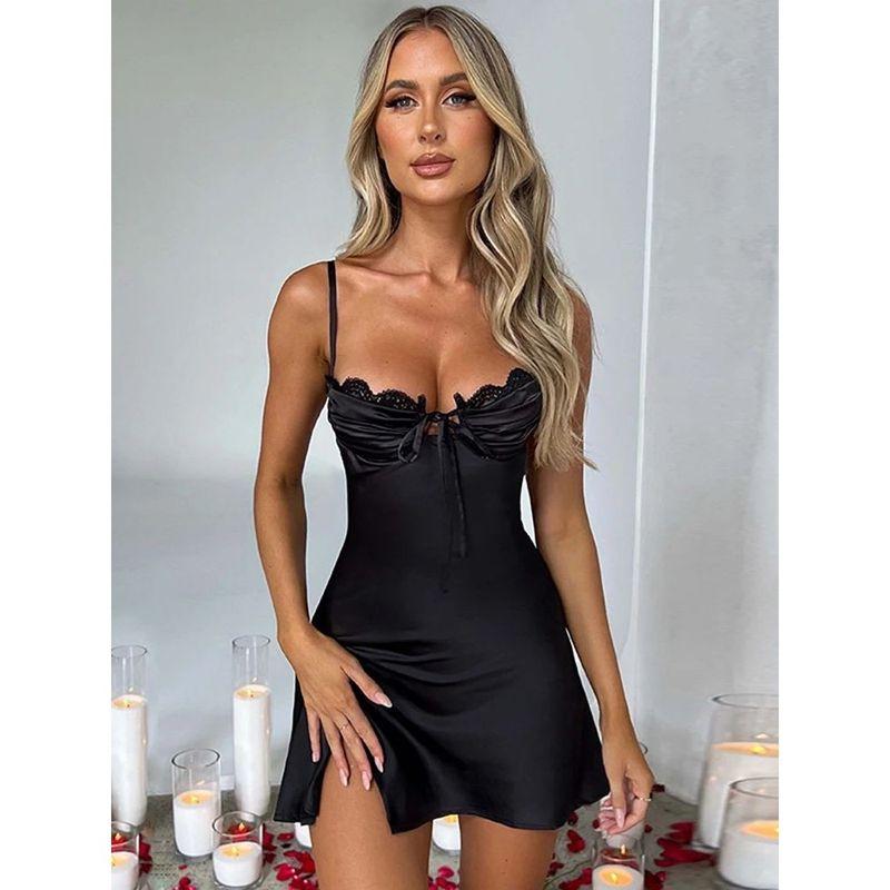 

V-neck Lace Lace up Slip Dress V-neck Lace Self-Tie Slit Dress black M